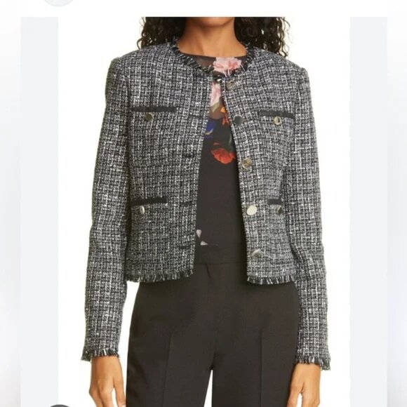 Ted Baker NWT Klaudi Metallic Bouclé black white Tweed Fringe button up Jacket 4 - Picture 2 of 14
